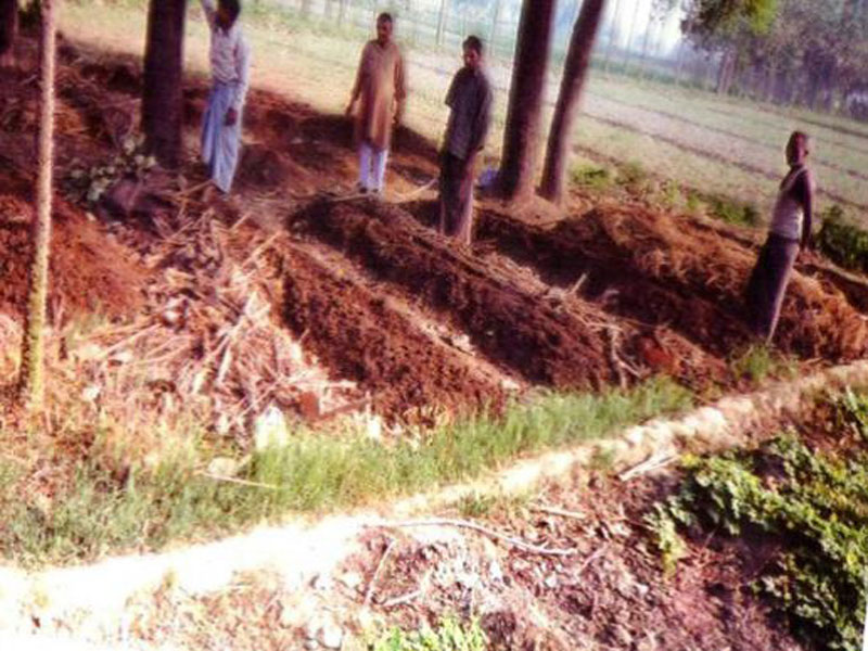 कच्चे फर्श पर लगाये गये वर्मीबेड का दृश्य