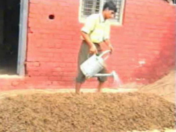 झारे द्वारा वर्मीबेड पर पानी लगाने का दृश्य